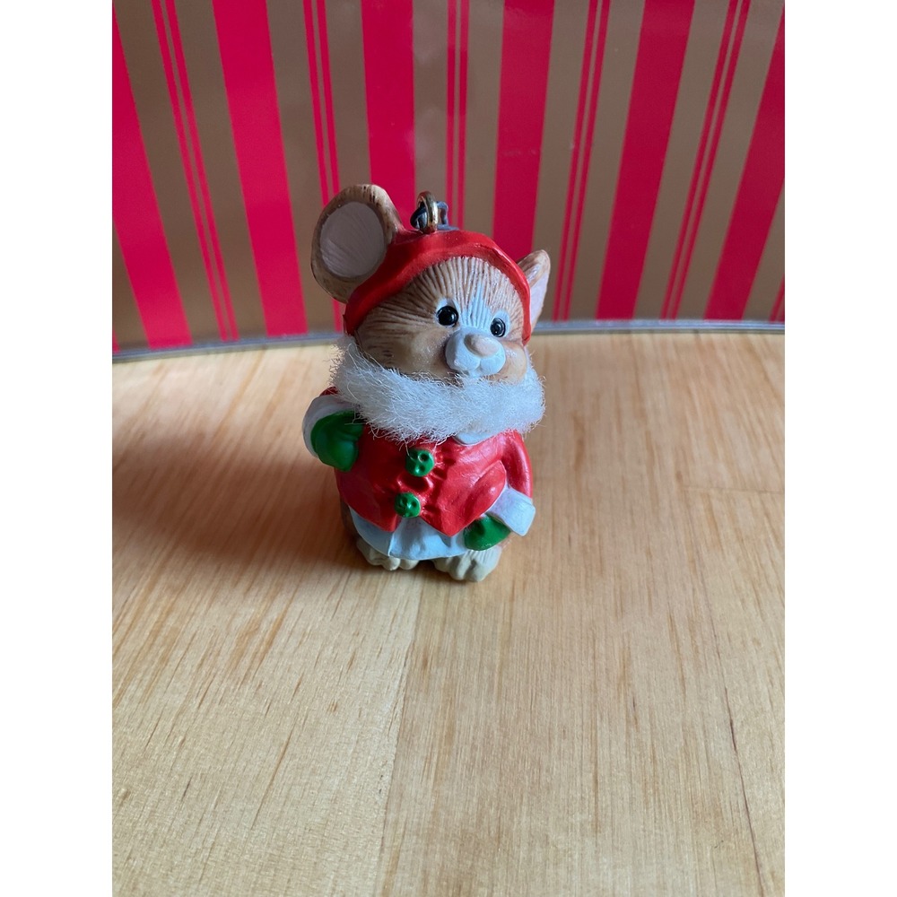 Vintage 1984 Hallmark Mouse Santa Christmas Ornament Red Jacket Fuzzy Beard